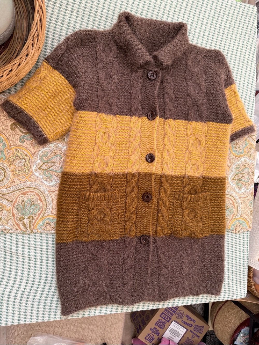 VTG Colorblock Cable Knit Short Sleeve Cardigan Brown Mustard Cottagecore Large - Picture 4 of 16